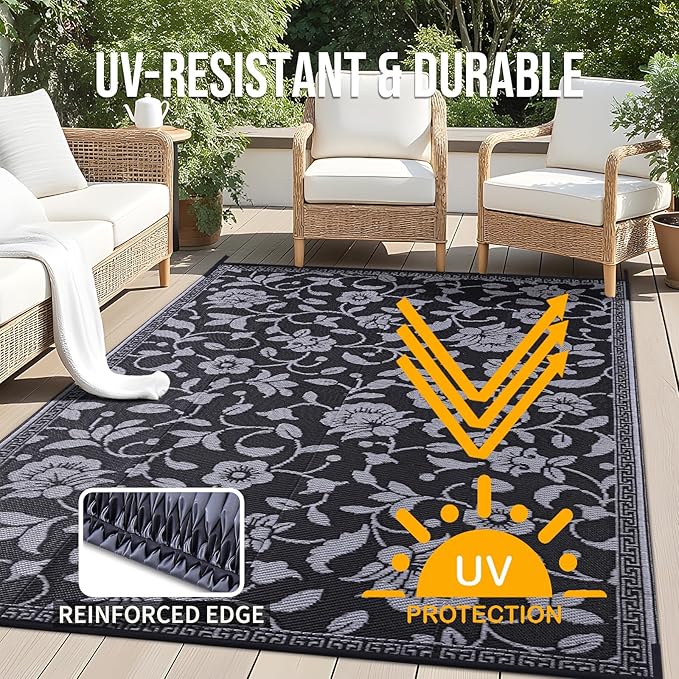 OLANLY Waterproof Outdoor Rug 9x12 ft, Outdoor Plastic Straw Rug with Flower Pattern, Reversible RV Mat for Patio, Camping, Balcony, Deck, Backyard, Black & Grey-Ruum Studio Home
