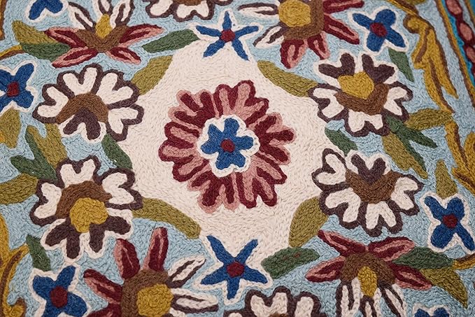 Turquoise Floral Pillow Cover Traditional Blue Flower Pillowcase Traditional Outdoor Cushion Suzani Flower Throw Florals Chair Farmhouse Hand Embroidered Cushions Wool 18x18 Inch-Ruum Studio Home