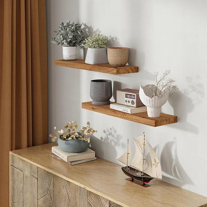 Rustic 30" Floating Shelves, Real Elm Wood Floating Shelf for Wall, Heavy-Duty Wall Shelves for Books, Wooden Floating Shelves with Invisible Bracket for Bathroom, Kitchen, Natural Color, Set of 2-Ruum Studio Home