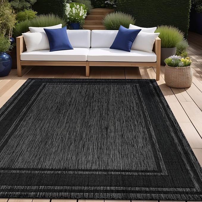 Beverly Rug Outdoor Rug 8x10 Modern Bordered Area Rugs for Indoor and Outdoor Patio Deck Porch Garden Waterproof Weather Sun Resistant Washable Outside Carpet (8 x 10 Black)-Ruum Studio Home