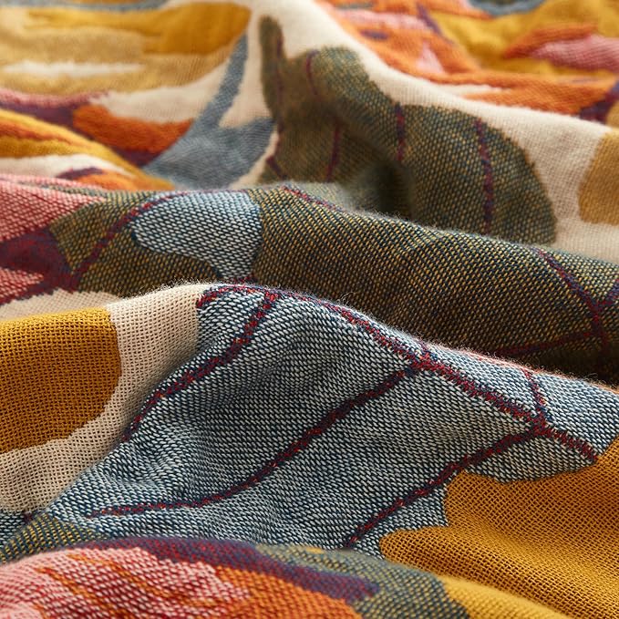 Boho Throw Blanket for Couch Sofa Bed, 100% Cotton Woven Quilt with Tassel 80”x90”, Super Soft Muslin Blanket with Floral Printed, Decorative Reversible Bed Blanket/Cover for All Seasons-Ruum Studio Home