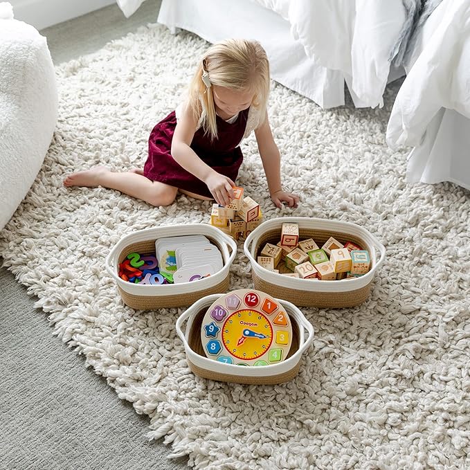 NaturalCozy 5-Piece Rectangle Storage Basket Set- Natural Cotton Rope Woven Baskets for Organizing! Small Basket for Montessori, Baby Nursery, Dog Toy Baskets, Cat Toy Box, Bathroom Organization Bin-Ruum Studio Home