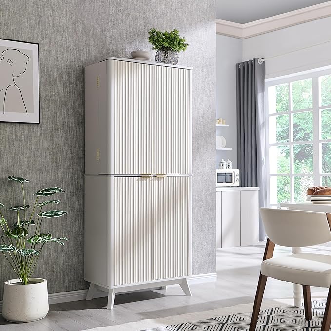 OKD Fluted Kitchen Pantry, 72" Tall Mid Century Modern Storage Cabinet with Adjustable Shelves & Door Organizer, Wood Cabinet for Kitchen, Living Room, Solid White-Ruum Studio Home