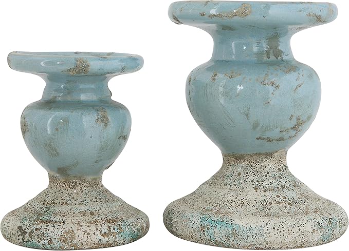 Creative Co-Op Small Distressed Blue Terracotta Pillar Candle Holder-Ruum Studio Home