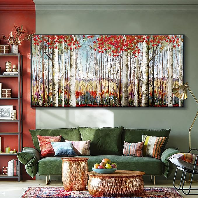 Mofutinpo Large Framed Wall Decor canvas Red Leaves White Birch Tree Wall Art For Living Room bedroom rustic kitchen Modern painting Artwork 29x58 Large Size Black Framed-Ruum Studio Home