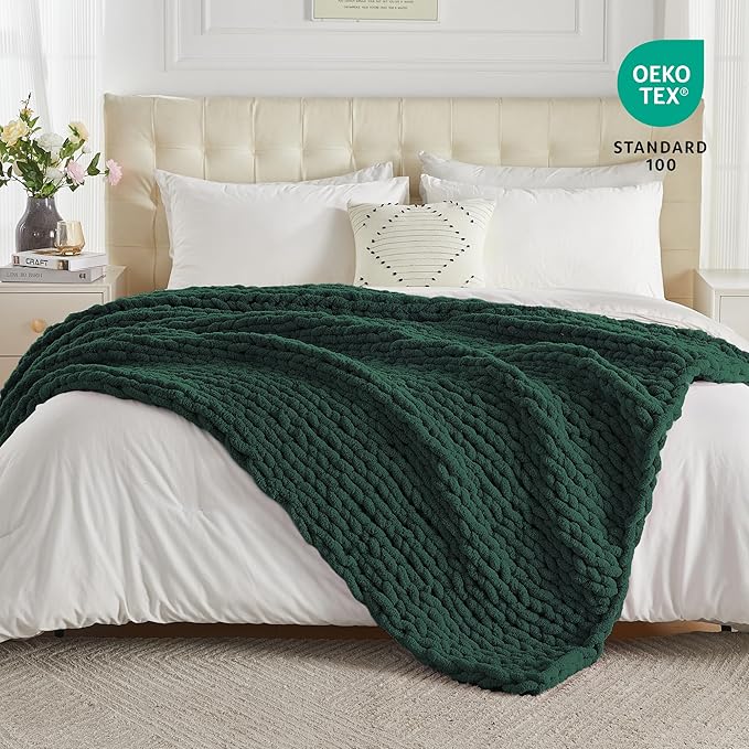 Carriediosa Chunky Knit Throw Blanket 50" X 60", 100% Hand Made Large Chenille Loop Yarn Soft Fluffy Throws for Couch Sofa Bed, Big Crochet Cozy Heavy Thick Cable Woven Blankets, Dark Green-Ruum Studio Home