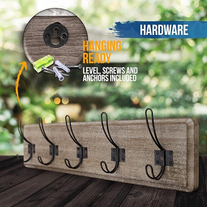 HBCY Creations Weathered Rustic Coat Rack Wall Mount with 5 Hooks, Solid Pine Wood 24 inch Wall Hooks for Entryway, Mudroom, Hallway, Bathroom - Vintage Farmhouse Style Wall Mounted Towel Rack-Ruum Studio Home