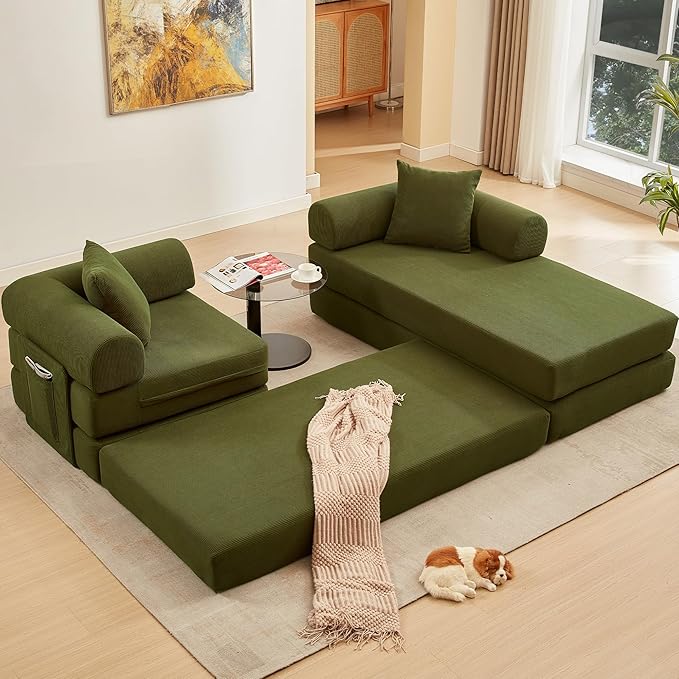 107" Oversized Convertible Sleeper Sofa Bed, Corduroy L Shape Sectional Couch, Folding Sofa Bed with Side Pocket, Modern Cloud Floor Mattress Couch, Modular Sofa for Living Room, Green-Ruum Studio Home