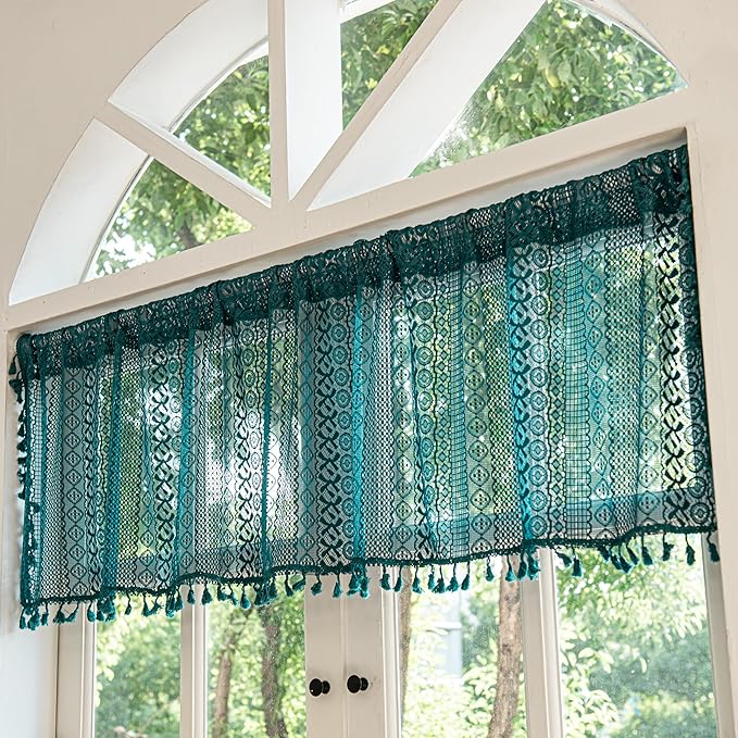 Sutuo Home Boho Valance Tier Curtains Crochet Lace Sheer Bohemian Hollow Knitted with Tassels, Privacy Vintage Rustic Farmhouse Drapes for Kitchen, Rod Pocket 1 Panel 59" W x 36" L, Turquoise-Ruum Studio Home