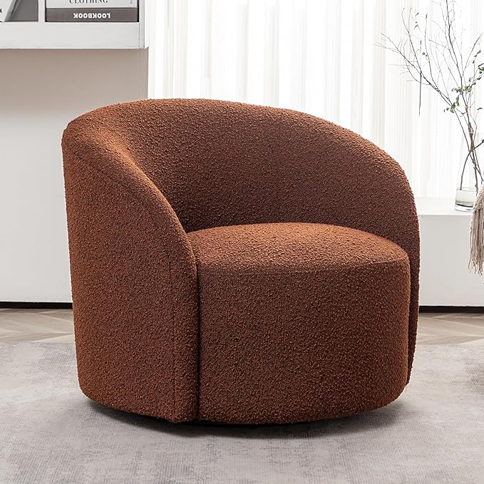 KINWELL 34" W Mid Century Modern Swivel Barrel Chair, Round Upholstered Boucle Swivel Accent Chairs, No Assembly Sofa Chair for Living Room Bedroom Reading Apartment Lounge Nursery-Ruum Studio Home