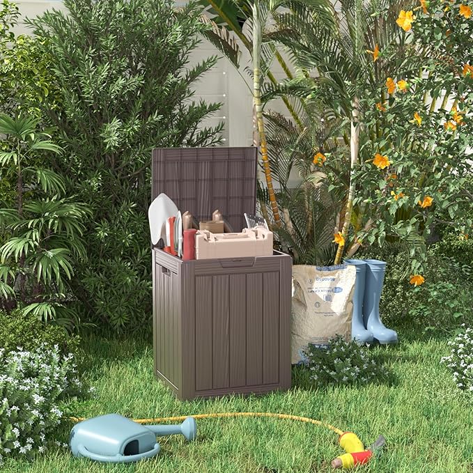 28 Gallon Resin Deck Box, Lockable Patio Outdoor Storage Box for Furniture, Garden Tools and Tools Storage, Waterproof Outside Storage Boxes - Grey-Ruum Studio Home