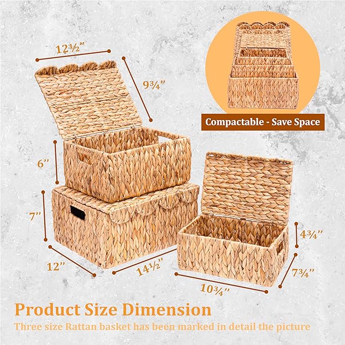 Set of 3 Scalloped Edge Wicker Basket with Lid, Rectangle Wicker Storage Basket with Built-in Handles, Multipurpose Organizer Rattan Display Boxes for Shelf, Nursery Room-Ruum Studio Home