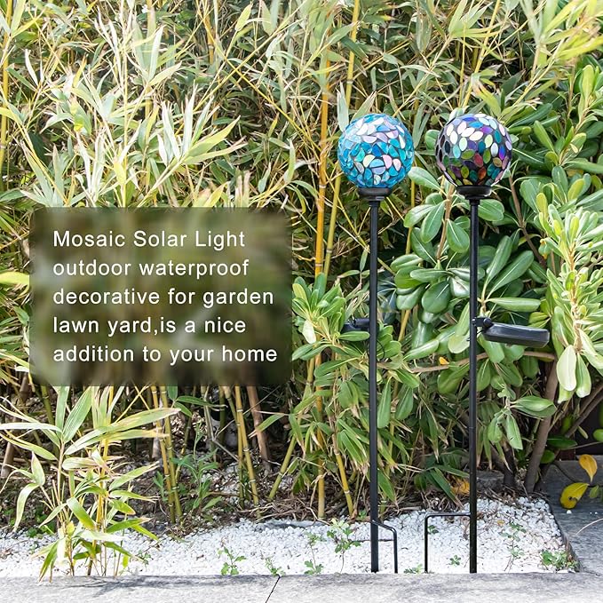 VCUTEKA Solar Garden Decorative Lights Outdoor, Mosaic Solar Light Waterproof LED Pathway Stake Light for Landscape Patio Yard Deck Walkway Decoration, 2 Pack （Blue&Purple）-Ruum Studio Home