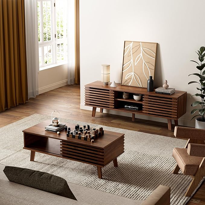 Mid Century Coffee Table with Storage & Sliding Fence Door, Modern Coffee Tables for Living Room, Walnut Finish-Ruum Studio Home