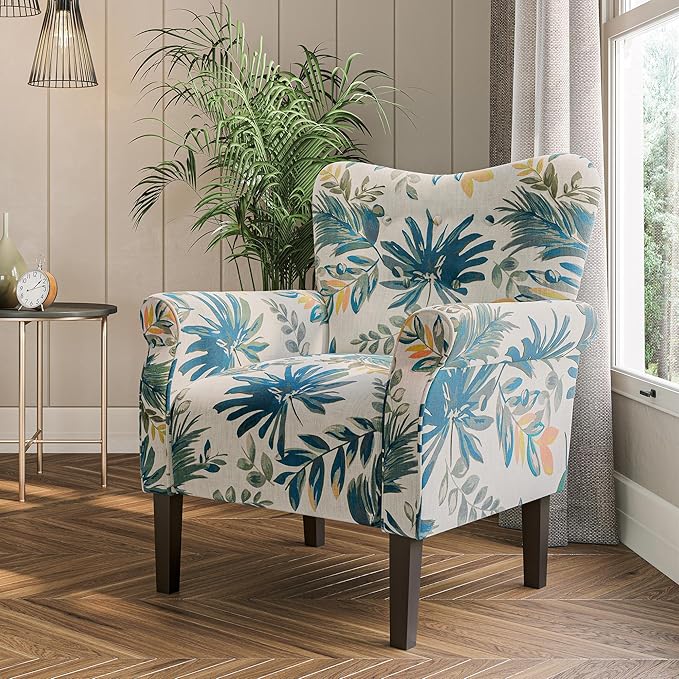 BELLEZE Modern Accent Chair for Living Room, High Back Floral Armchair w/Wooden Legs, Upholstered Wingback Side Chair Padded Armrest Single Sofa for Living Room, Bedroom - Allston (Green Blue Floral)-Ruum Studio Home