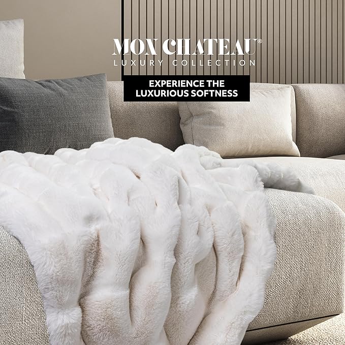 Mon Chateau Premium Reversible Luxury Faux Fur Throw for Couch, Sofa, or Bed - Plush Cozy Soft Blanket for Sleeping or Home Décor, 60" x 70" (Ivory)-Ruum Studio Home
