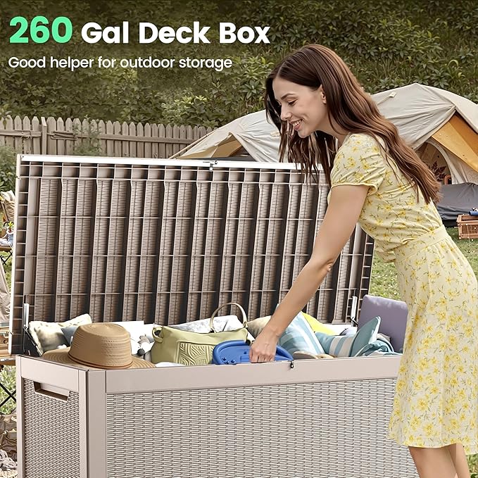 260 Gallon Storage Box, Waterproof Resin Deck Box with Steel Support & Hydraulic Rod, Lockable Storage Bench for Indoor & Outdoor Use, Storage Bin for Patio Cushions, Garden Tools, Grey-Ruum Studio Home