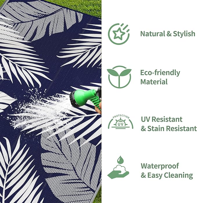 GENIMO Outdoor Rug 10' x 14' Waterproof for Patios Clearance, Reversible Outdoor Plastic Straw Camping Rug Carpet, Large Area Rugs Mats for RV, Camper, Deck, Balcony, Porch, Beach, Navy Blue&White-Ruum Studio Home