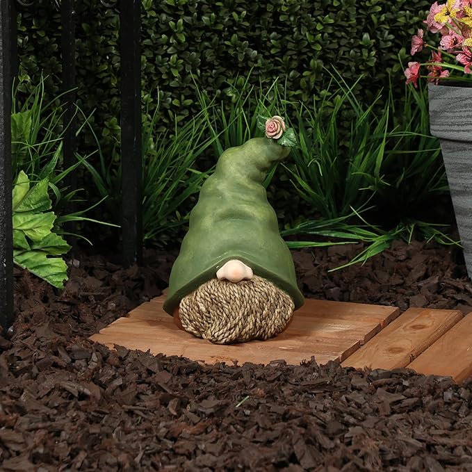 Alpine Corporation - 10" Tall Outdoor Garden Gnome Decor - Gnome Head with Rope Beard and Flower on Green Hat – Durable Lawn Scupture, Ideal for Patio, Deck, & Yard-Ruum Studio Home