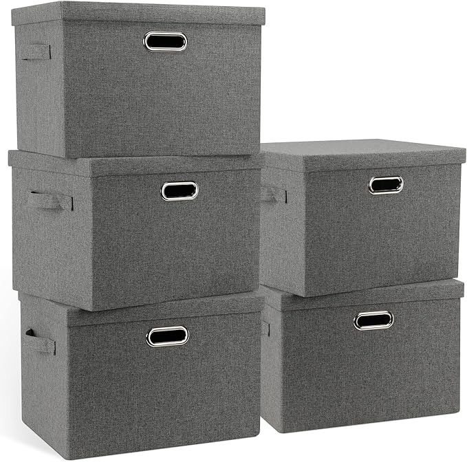 Large 17" 36 Quart Collapsible Stackable Storage Bins with Lids, 5 Packs Gray Foldable Fabric Closet Storage Boxes with Lids, Heavy-duty Linen Cube Baskets(17 x 12 x 11)-Ruum Studio Home