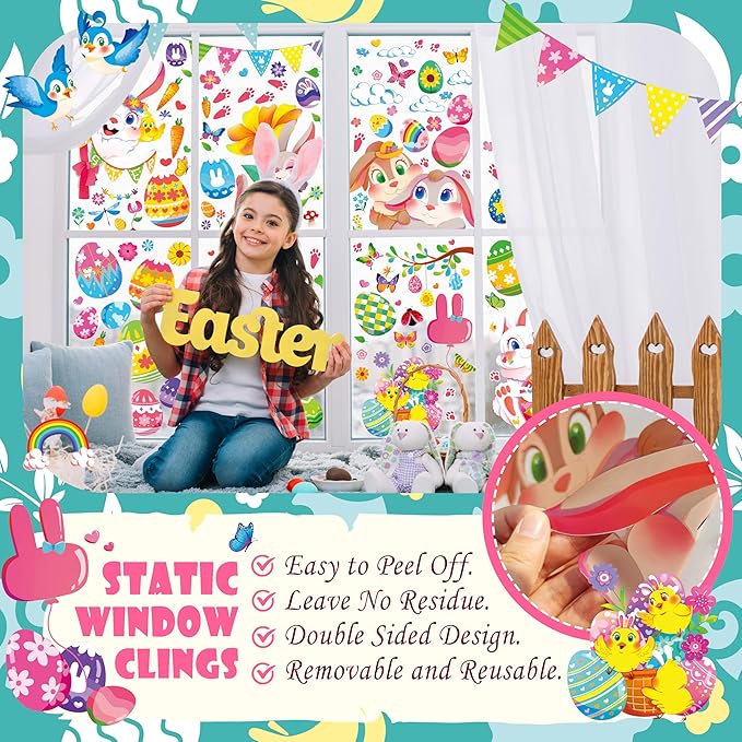 Large Easter Window Clings - Bunny Window Stickers Decals for Glass Windows, Cute Easter Egg Double Sided Reusable Window Holiday Decorations, Bird Office Spring Patry Decor, 9Sheet/121PCS-Ruum Studio Home