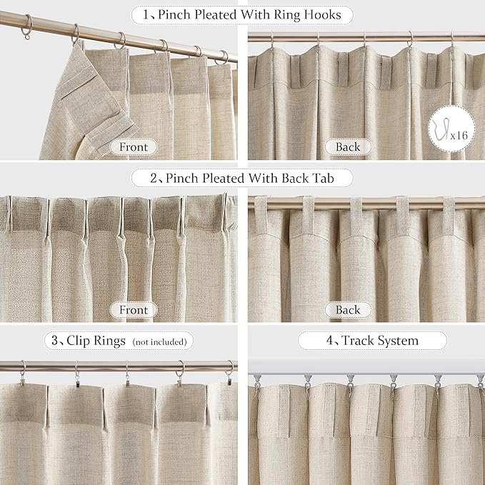 FMFUNCTEX Pinch Pleated Curtains 84 Inches Long for Living Room, Beige Semi Sheer Faux Linen Textured Pleat Drapes for Bedroom with Hooks, Light Filtering Neutral Farmhouse Window Drapes 2 Panels-Ruum Studio Home