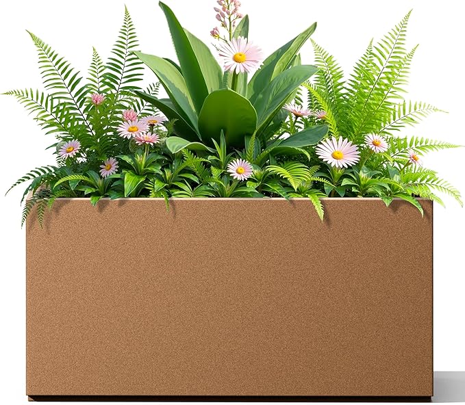 FENCY Metal Rectangular Planter Box, Large Planters for Outdoor Plants, Tall Planters for Outdoor Plants with Drainage Holes (32" L x 10" W x 16.3" H,Brown)-Ruum Studio Home