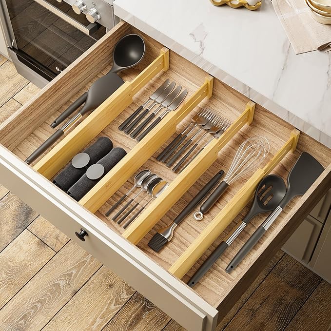 BAMEOS 4 pcs 3" High Bamboo Drawer Dividers Adjustable Drawer Organizer Expandable Drawer Organization Utensil Organizers for Kitchen Dresser Bathroom Bedroom and Office-Ruum Studio Home