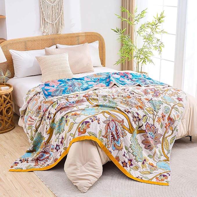 Boho Throw Blanket for Bed, 100% Cotton Soft Rustic Quilt Fall Blanket, 60"x80" Floral Printed Farmhouse Decor Bed Blankets, All Season Rustic Reversible Bohemian Throw Quilt-Ruum Studio Home