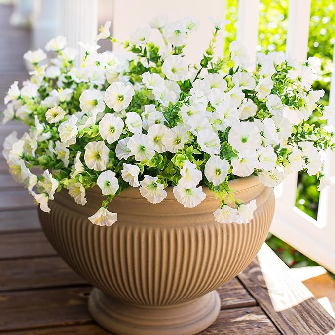 Artificial Flowers for Outdoors Fake Plants Outside Decoration, 12 Bundles Silk White Morning Glory UV Resistant Look Real Faux Flowers for Planter Front Door Porch Patio Yard Gardens Balcony-Ruum Studio Home