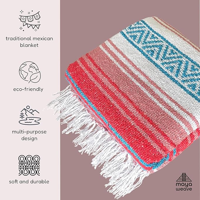 Traditional Handwoven Mexican Blanket, Large Falsa Serape - Soft & Durable - Vibrant Beach, Picnic, Yoga & Camping Mat - Lightweight Boho Throw 70"x50" (Flame)-Ruum Studio Home