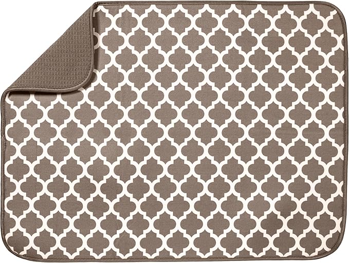 S&T INC. Dish Drying Mat XL, 18” x 24”, Absorbent Microfiber Kitchen Counter Mat, Dish Drying Pad for Dishes, Utensils, Pots and Pans, Extra Large, Taupe Trellis-Ruum Studio Home