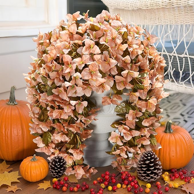 Bougainvillea Artificial Flowers Plants for Outdoors Outside Fall Autumn Decoration, 2 pcs Faux Silk Long Trailing Vines UV Resistant Look Real Brown Fake Flowers for Front Door Porch Planter Urn Yard-Ruum Studio Home