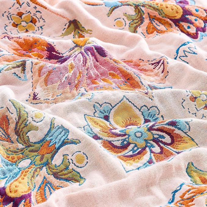Boho Throw Blanket for Bed, 100% Cotton Soft Rustic Quilt Fall Blanket, 50"x60" Floral Printed Farmhouse Decor Bed Blankets, All Season Rustic Reversible Bohemian Throw Quilt-Ruum Studio Home