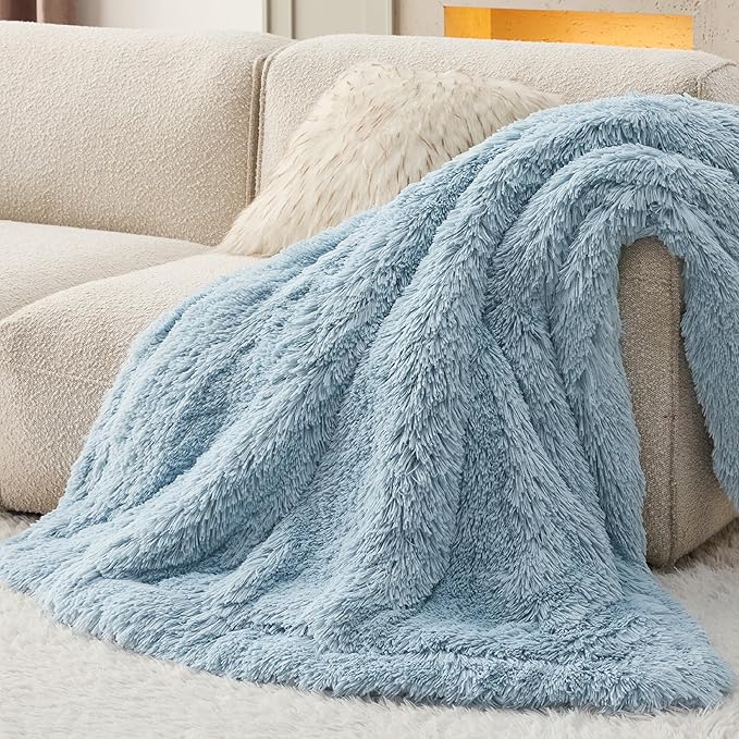 Bedsure GentleSoft Fuzzy Sherpa Faux Fur Blue Twin Blanket Cozy Gifts for Women Men, Soft Fleece Plush Warm Minky Thick Blanket Twin Size for Bed, Couch, Room Decor Dorm Essentials Blue Gifts, 60x80-Ruum Studio Home