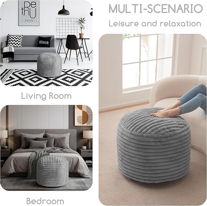 HIGOGOGO Round Stuffed Pouf Ottoman, Stripe Faux Fur Poufs with Foam Chunk Filling, Furry and Fluffy Pouf Foot Stool Storage Ottoman, 26 X 18 Floor Poufs Foot Rest for Living Room, Grey-Ruum Studio Home