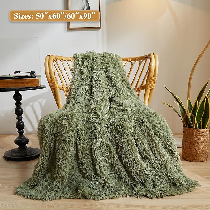 XeGe Luxury Faux Fur Throw, Moss Green Soft 50x60 Fluffy Blanket, Shaggy Plush Decorative Couch Throw, Cute Furry Throw Fuzzy Office Lap Blanket for Bedroom Living Room Sage Green-Ruum Studio Home