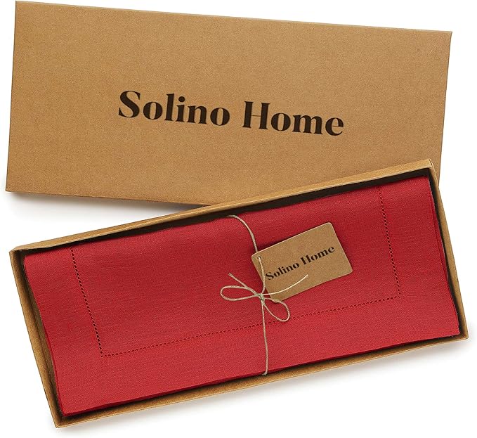 Solino Home Linen Red Table Runner 72 Inches Long - 100% Pure Linen Hemstitch Table Runner 14 x 72 Inch for Dresser, Dining - Classic Hemstitch-Ruum Studio Home