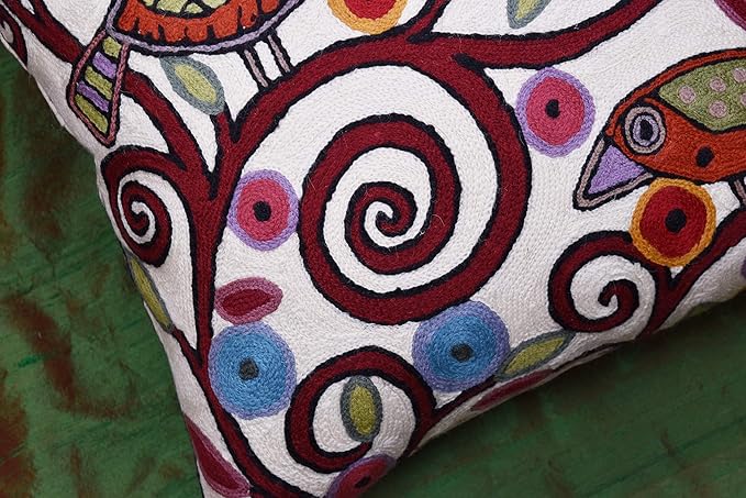 Cream Tree of Life Pillow Cover Birds White Floral Pillowcase Flower Accent Botanical Pillowsham Suzani Cushions Modern Plant Floral Cushion Hand Embroidered Wool Size 18x18-Ruum Studio Home