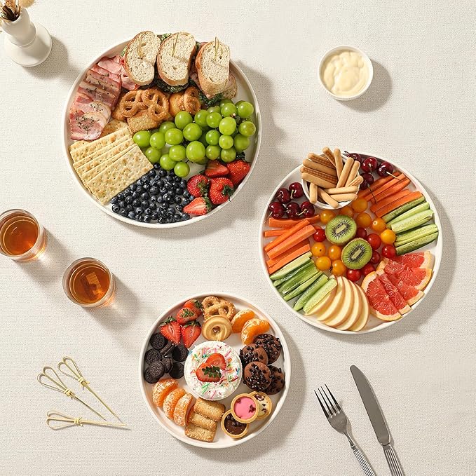 3 Packs Serving Platters, Large Serving Tray, Round Platters for Serving Food, Food Tray for Veggie Fruit Snack Dessert Cheese, White Ceramic Serving Trays for Party, Entertaining, 12.8”/10.8”/8.8”-Ruum Studio Home