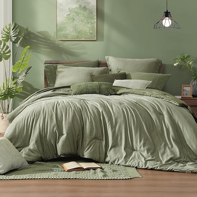 Monbix Queen Comforter Set - 7 Pieces Cationic Dyeing Sage Green Bed in a Bag Queen Bedding Sets with Comforter, Sheets, Pillowcases & Shams, Reversible Bedding Comforters Sets-Ruum Studio Home