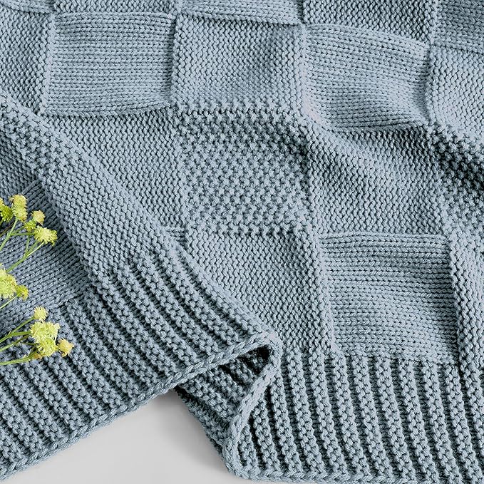 CozeCube Check Knit Throw Blanket, Dusty Blue Checkered Throw for Couch, Decorative Christmas Soft Cozy Warm Knitted Blanket for Bed Sofa Living Room, 60"X80"-Ruum Studio Home