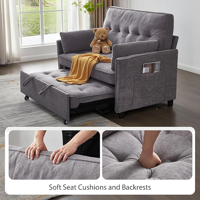 Convertible Sofa Bed, 3 in 1 Pull Out Couch, Loveseat Sleeper with Side Pocket, Living Room Sofa with Adjustable Backrest | USB Charging Port | Two Pillows | Towel Fabric | Dark Gray-Ruum Studio Home