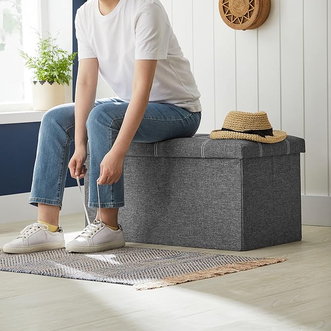 SONGMICS Mazie Collection - 30 Inches Ottoman Storage Bench, 21 Gal. Folding Chest with Breathable Linen-Look Fabric, Load up to 660 lb, for Entryway, Living Room, Bedroom, Dark Gray ULSF001G01-Ruum Studio Home