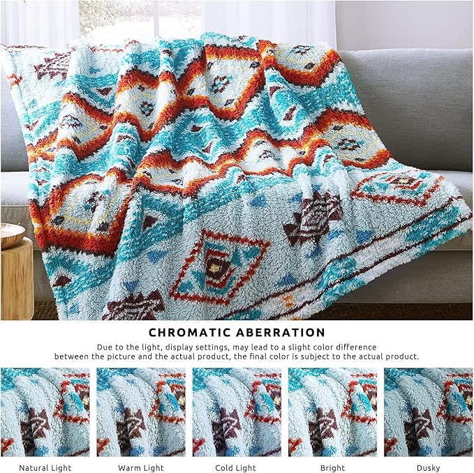 CASAAGUSTO Boho Sherpa Throw Blanket, Aztec Throw, Ultra Soft, Warm, Cozy, Plush, Thick Fleece Bohemian Throw Blanket for Couch, Bed, Sofa (Aqua 50 * 60 Inch)-Ruum Studio Home