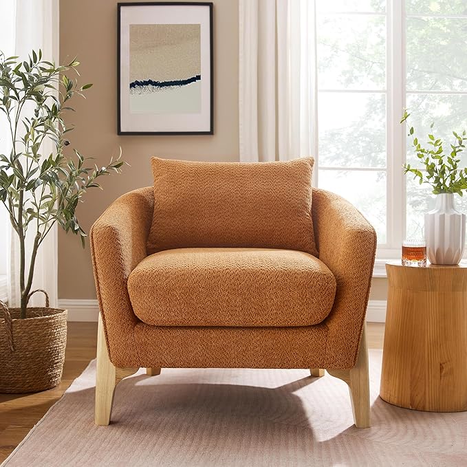 Accent Chair 31" Oversized Reading Chair Comfy Upholstered Boucle Lounge Armchair, Modern Living Room Chair with Back Pillow,Single Sofa Chair for Bedroom, Office (Curry)-Ruum Studio Home