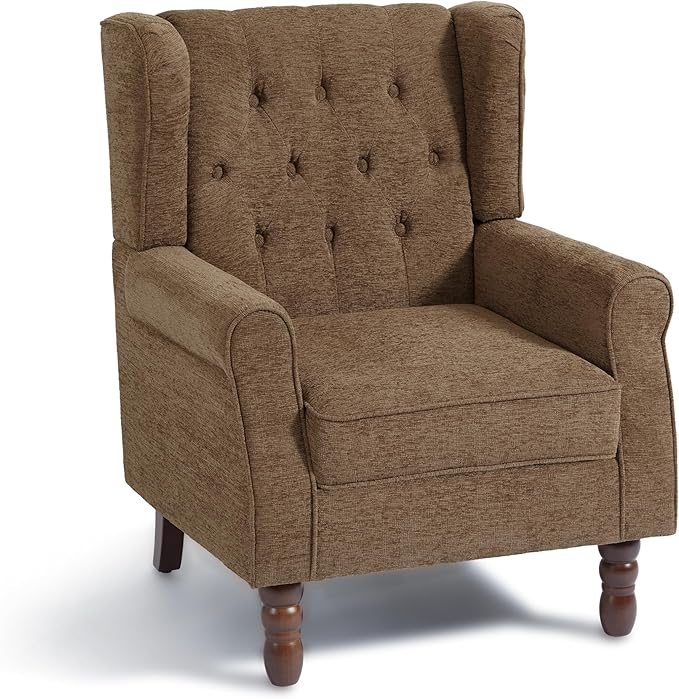Accent Chair, Upholstered Armchair with Button Tufted High Back & Solid Wood Legs, Comfy Wingback Reading Single Sofa Chair for Small Spaces, Living Room, Bedroom (Brown, Set of 1)-Ruum Studio Home