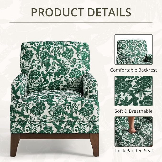 Floral Accent Armchair, Retro Wingback Upholstered Armchair with Wide Dipped Back Design and Wooden Legs, High Back Armchair, Leisure Single Sofa Chair for Living Room, Bedroom, Balcony, Green-Ruum Studio Home