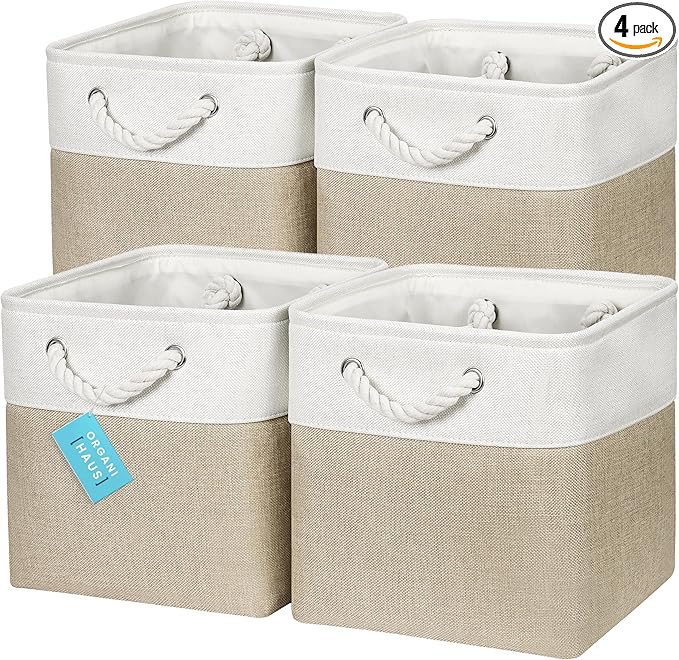 OrganiHaus 11x11 Cube Storage Bins 4 Pack, Foldable Cube Storage Organizer w/ Rope Handles, Collapsible Fabric Bins for Toys, Clothes & Closet Organization, Fabric Square Baskets - Beige/White-Ruum Studio Home