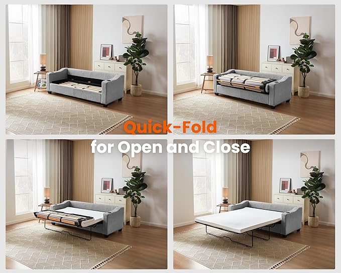 CHIC HOUSE Pull Out Sofa Bed, Full Size Sleeper Sofa, 2-in-1 Convertible Corduroy Couch with USB Charging, Memory Form Couch for Living Room, Apartment and Small Space (Grey, Corduroy - Queen Size)-Ruum Studio Home